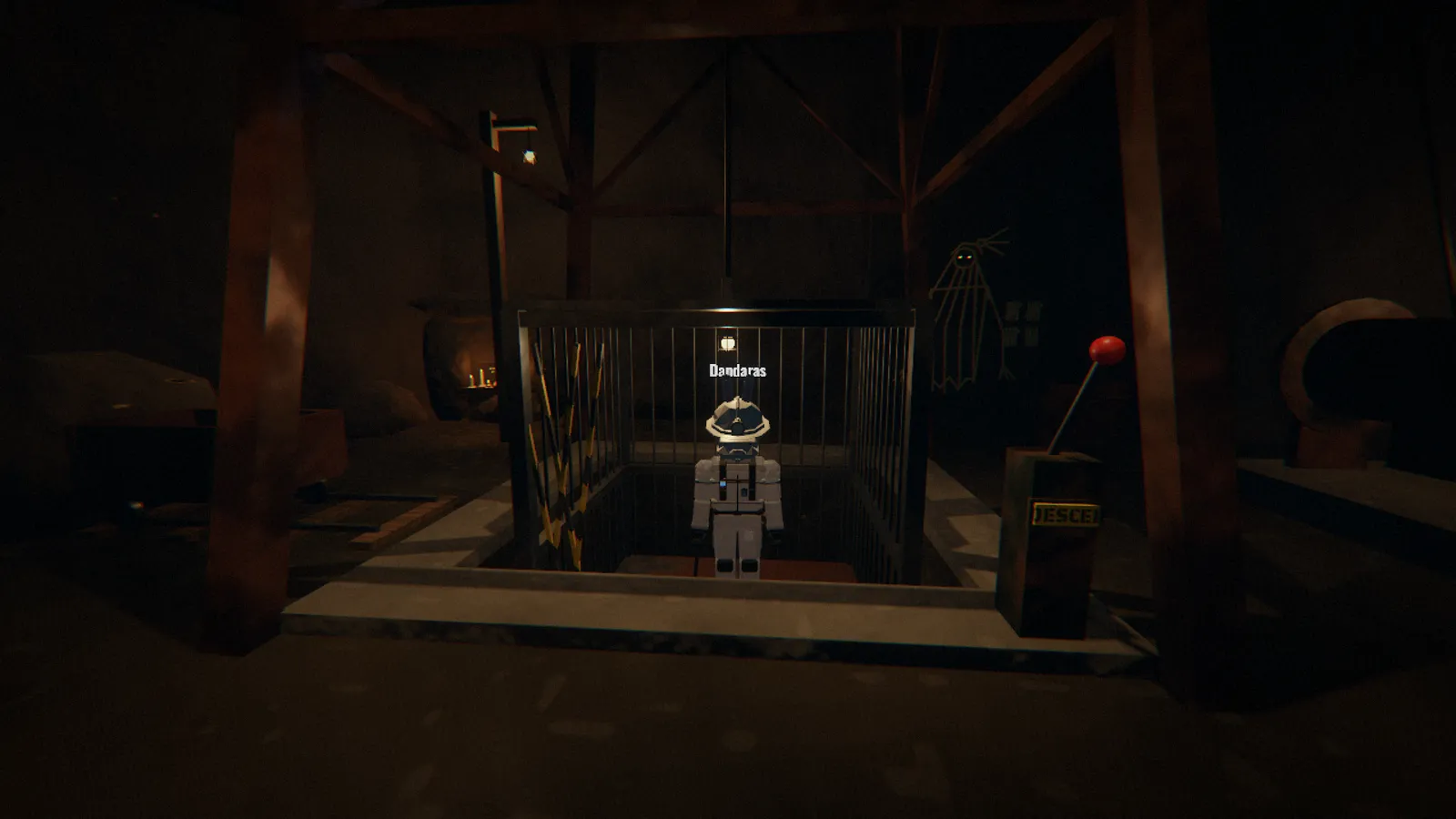 A miner inside the cage, ready to go down the Old Mine